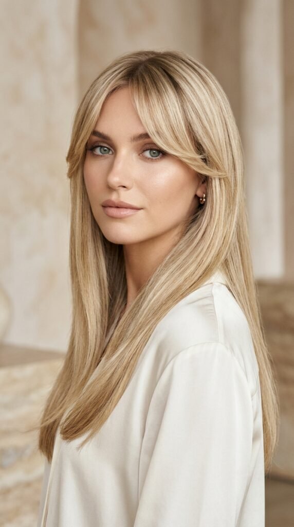 Woman_wearing_ivory_silk_blouse_202608181612 Woman wearing ivory silk blouse 202608181612 long curtain bangs for straight hair