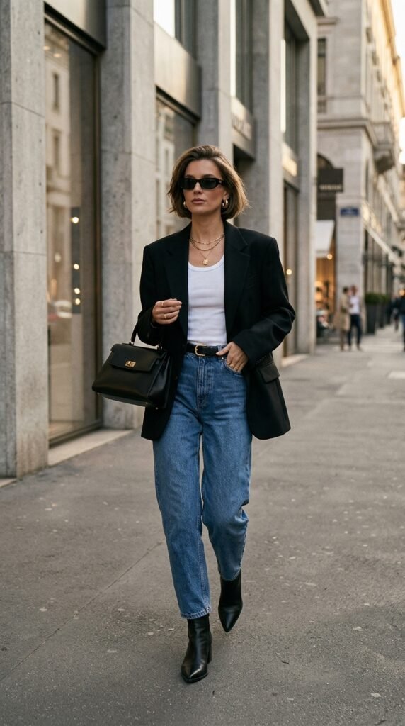 Woman_wearing_jeans_and_blazer_ retro chic style