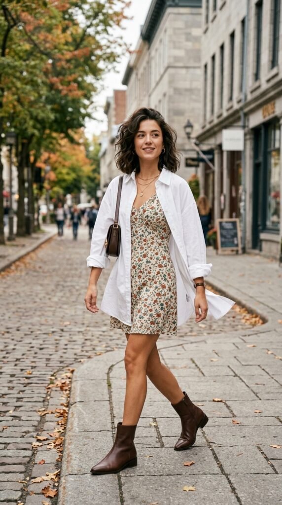 Woman_wearing_mini_dress_and_button down Woman_wearing_mini_dress_and_button down