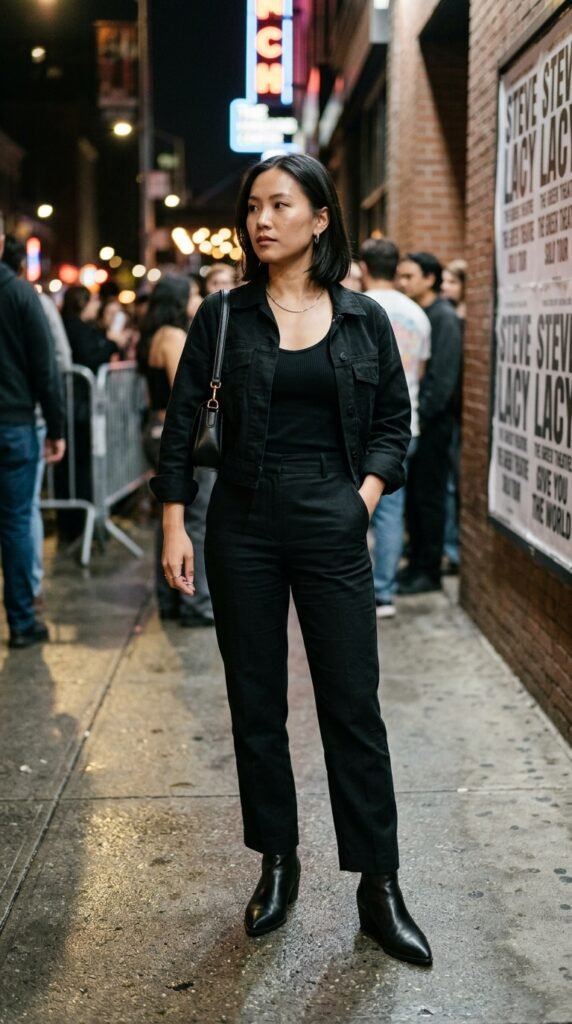 Woman_wearing_monochromatic_black_outfit steve lacey outfits ideas for petitie women