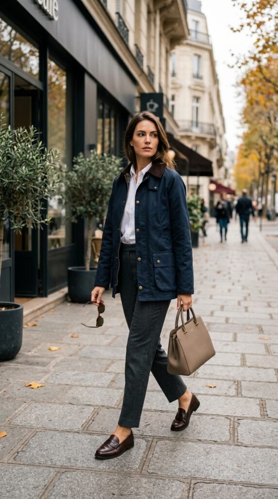 Woman_wearing_navy_barn_jacket_ Woman_wearing_navy_barn_jacket_