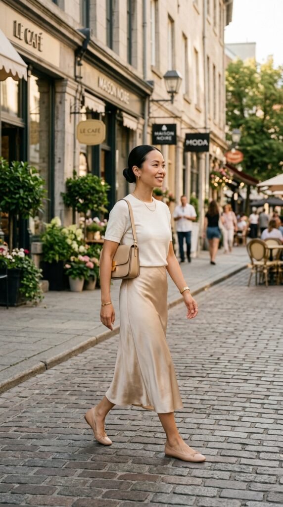 Woman_wearing_satin_midi_skirt_ Woman_wearing_satin_midi_skirt_