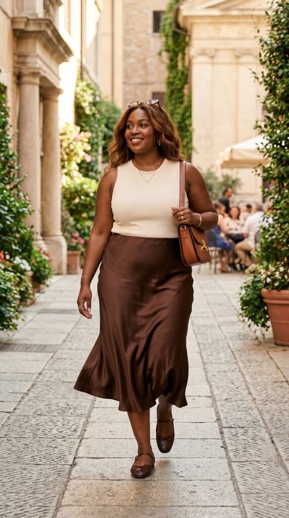 Woman_wearing_satin_midi_skirt_ Woman_wearing_satin_midi_skirt_