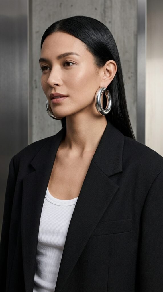 Woman_wearing_silver_hoops_blazer Woman_wearing_silver_hoops_blazer