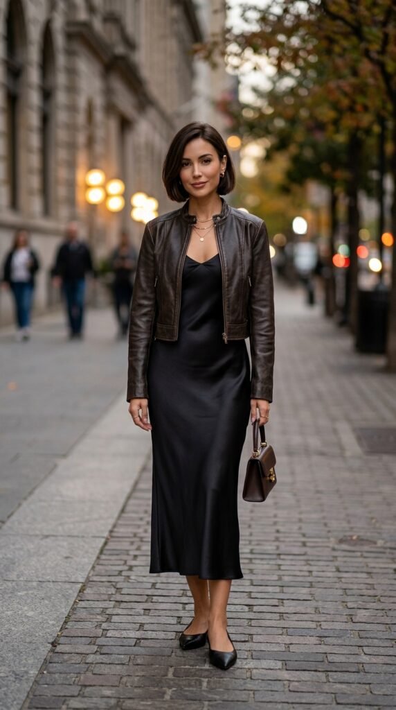 Woman_wearing_slip_dress_and_crossed leather jacket Woman_wearing_slip_dress_and_crossed leather jacket