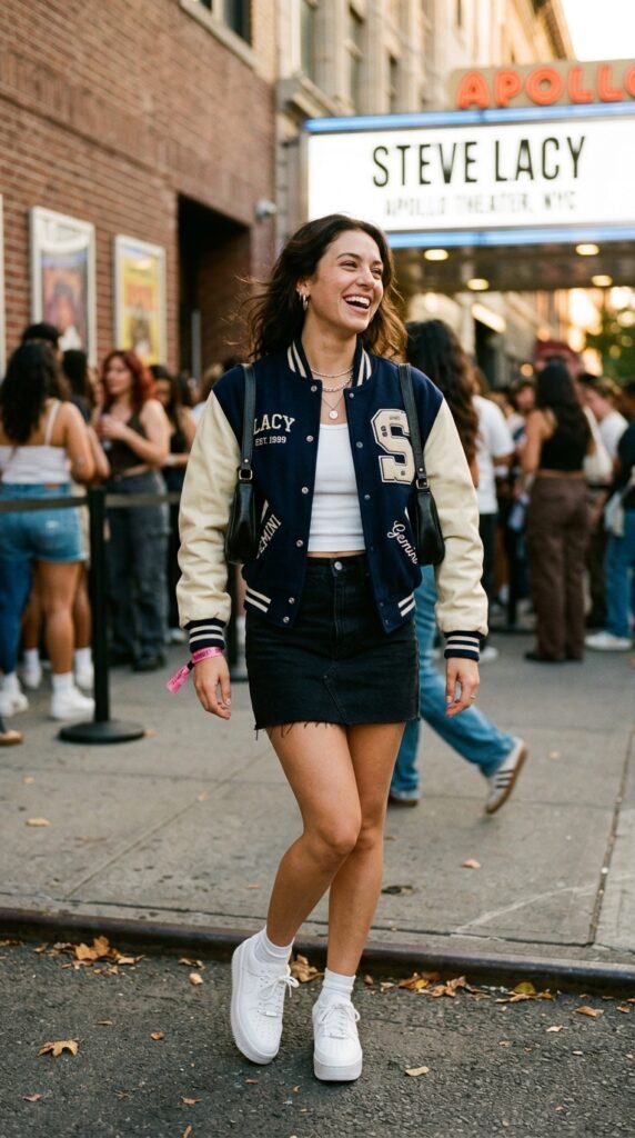varsity_jacket_skirt steve lacey outfits ideas for petitie women