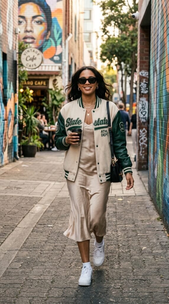 Woman_wearing_varsity_jacket_slipdress Woman_wearing_varsity_jacket_slipdress