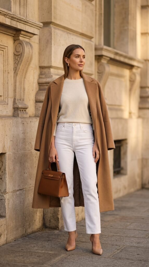 Woman_wearing_white_jeans_and_camel coat Woman_wearing_white_jeans_and_camel coat