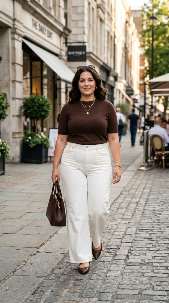 Woman_wearing_white_jeans_and_choclate brown top Woman_wearing_white_jeans_and_choclate brown top
