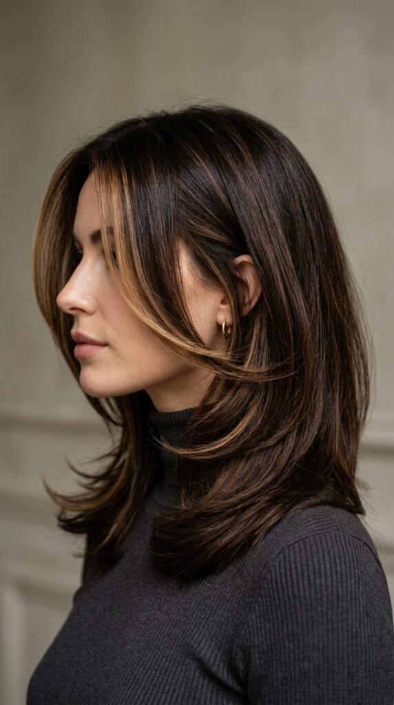 Woman_with_brown_hair_highlights chocolate brown hair