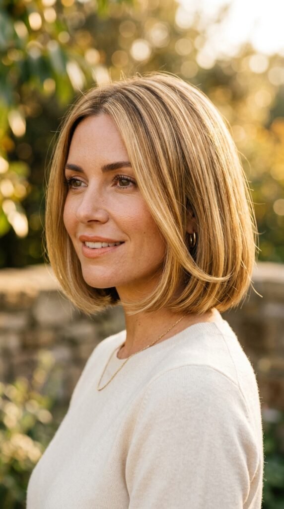Woman_with_golden_blonde_bob_ golden hour blonde hair