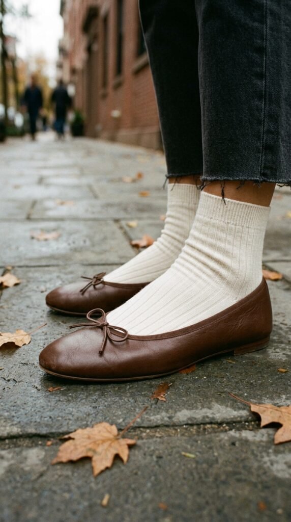 Brown_ballerina_flats_with_socks_ brown ballerina shoes fall fashion