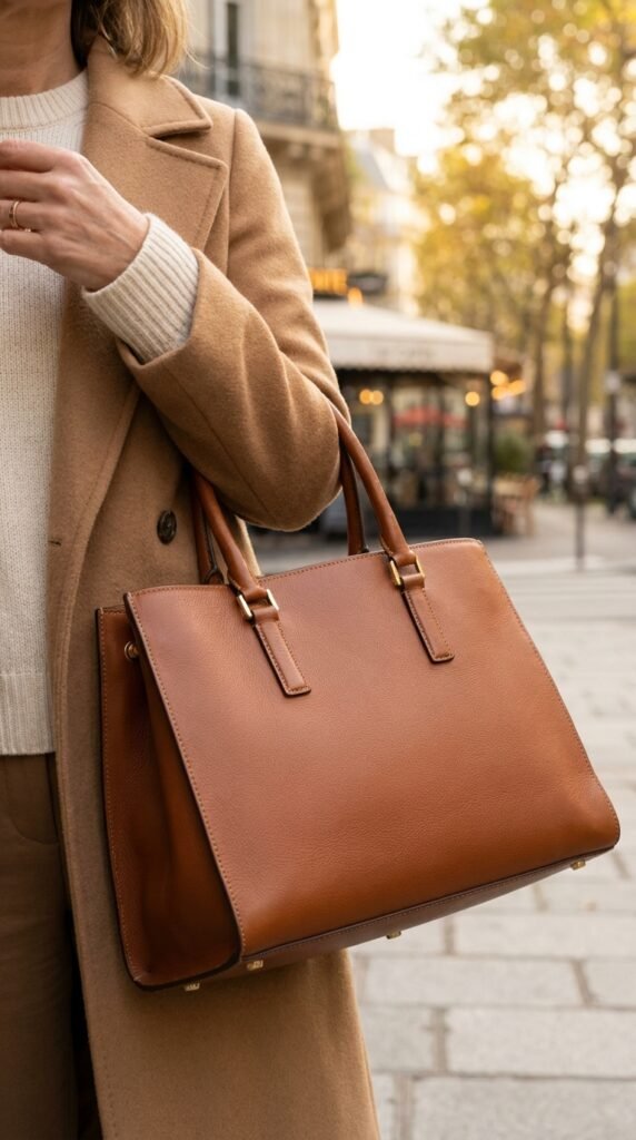 Model_carrying_structured_leather bag fall capsule wardrobe