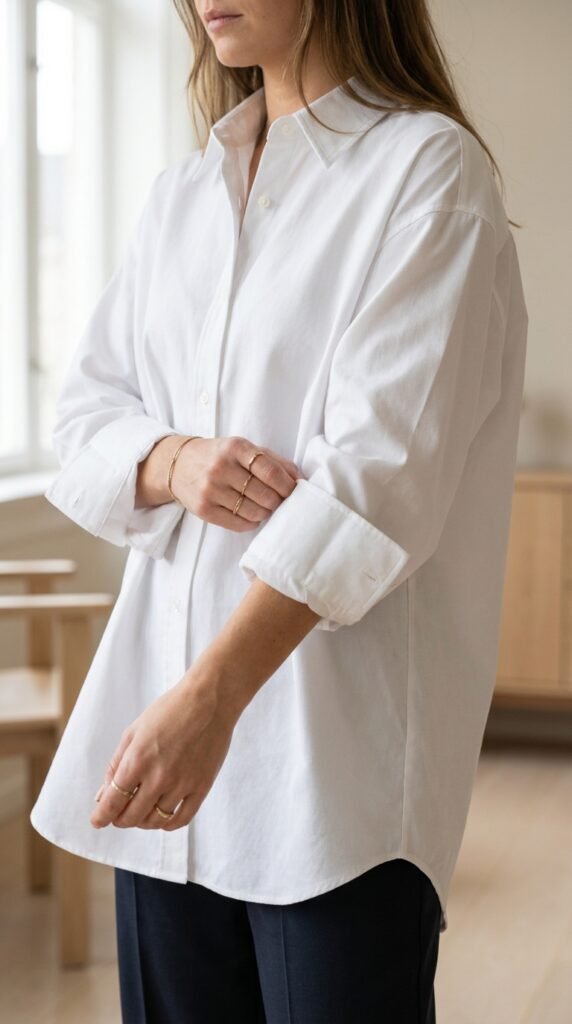 Model_wearing_white_button-down_ fall capsule wardrobe