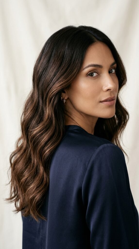 Woman_displaying_dark_chocolate dark chocolate brown hair ideas