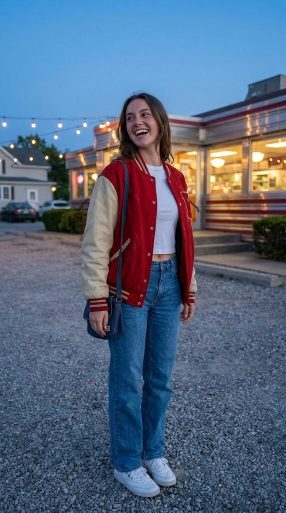 usa football game outfit with varsity jacket and sneakers usa football game outfit