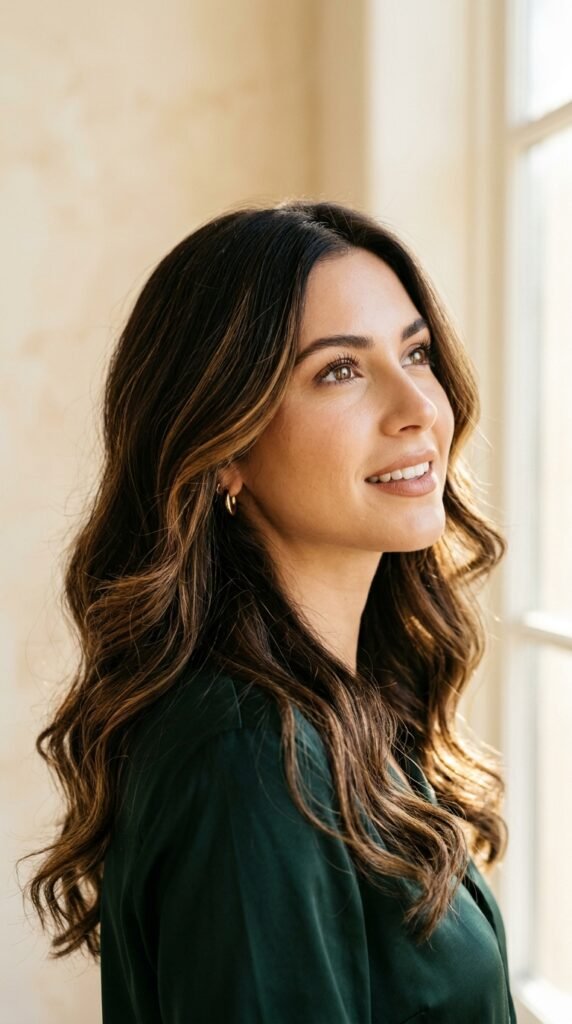 Woman_looking_upward_in_portrait dark chocolate brown hair ideas
