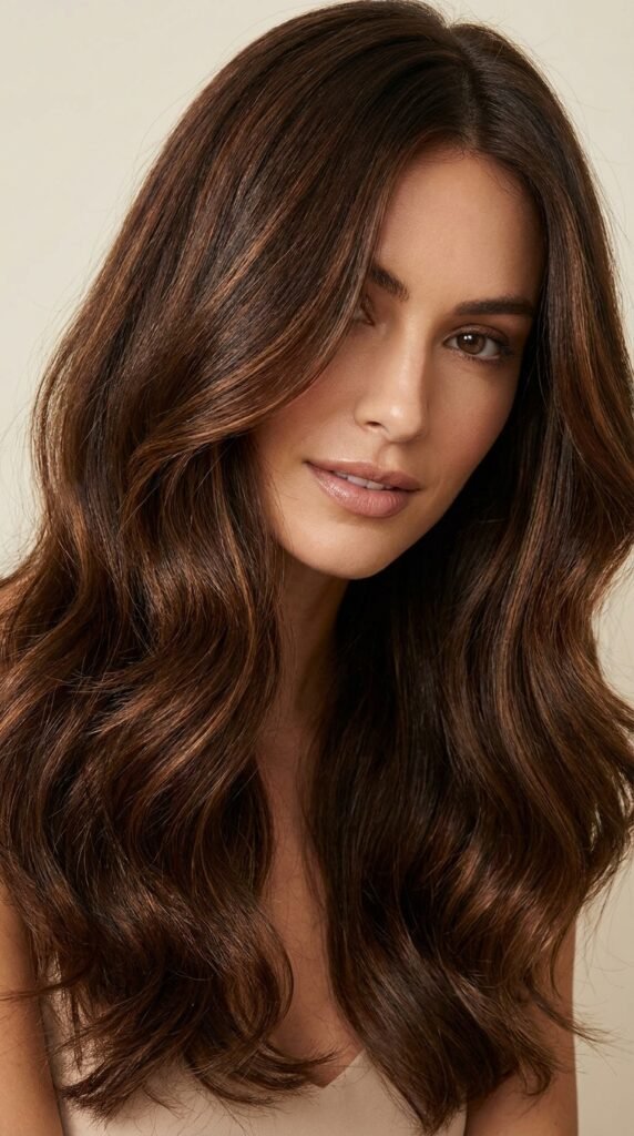 Woman_posing_with_mocha_hair_ warm mocha brown hair