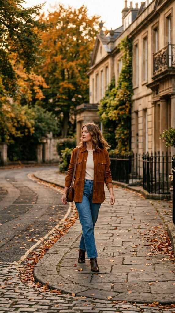 suede shacket straight leg denim shacket outfit idea
