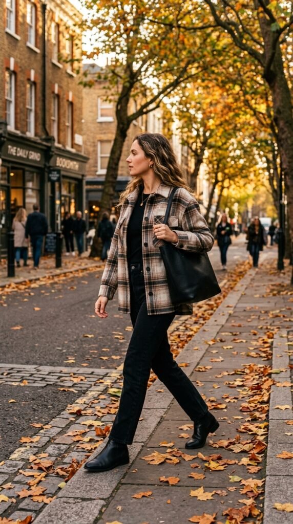 plaid shacket and black denim Woman_walking_in_fall_outfit_