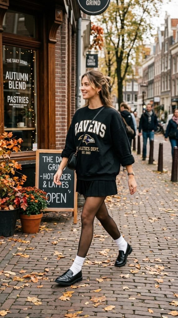 Woman_walking_in_autumn_outfit_ black out football games outfit