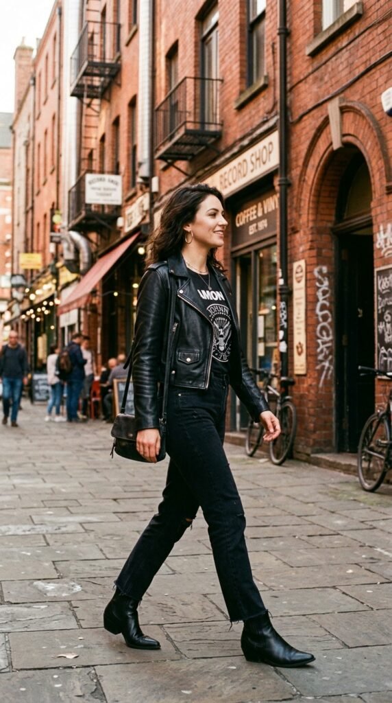 Woman_walking_in_black_jacket_ black out football games outfit