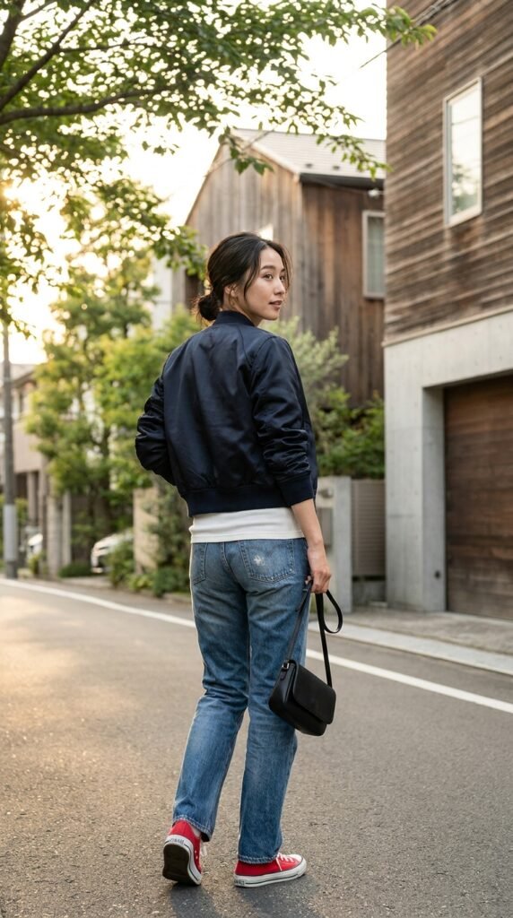 Woman_walking_in_bomber_jacket_ usa football game outfit