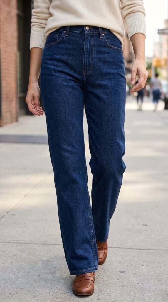 Woman_walking_in_indigo_jeans_ fall capsule wardrobe