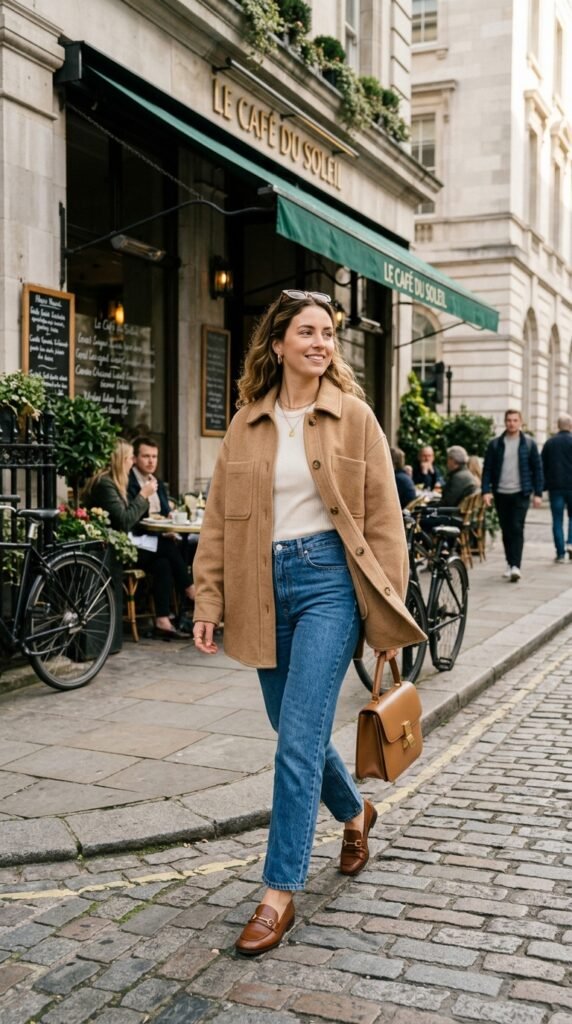 shacket with straight leg jeans Woman_walking_in_stylish_outfit_