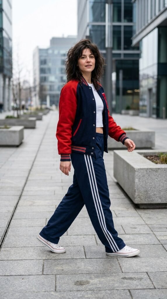 Woman_walking_in_track_pants_ usa football game outfit