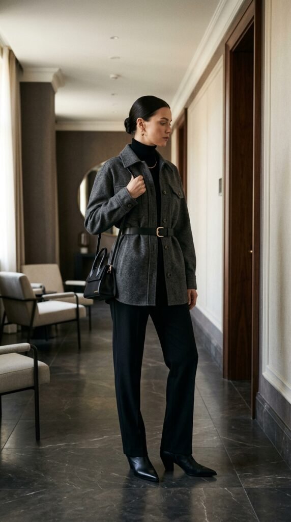 Woman_wearing_belted_shacket belted shacket and trousers
