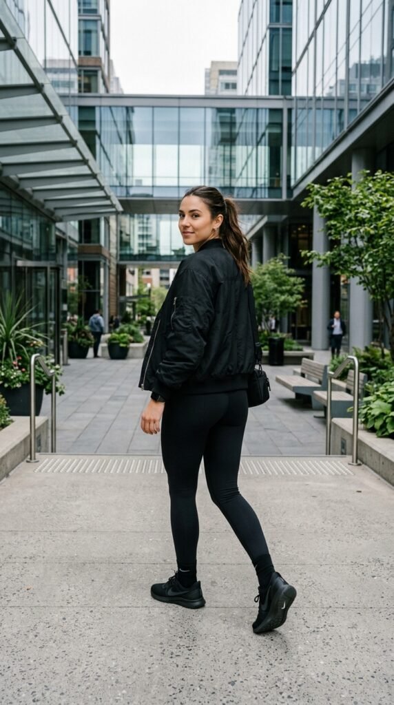 Woman_wearing_black_athletic_set_ black out football games outfit