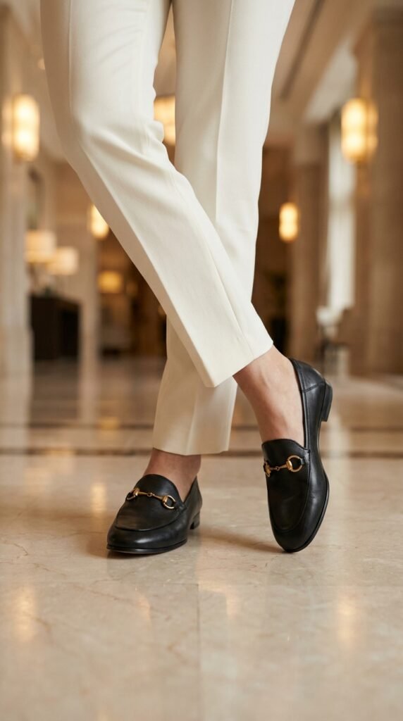 Woman_wearing_black_leather_loafers fall loafers