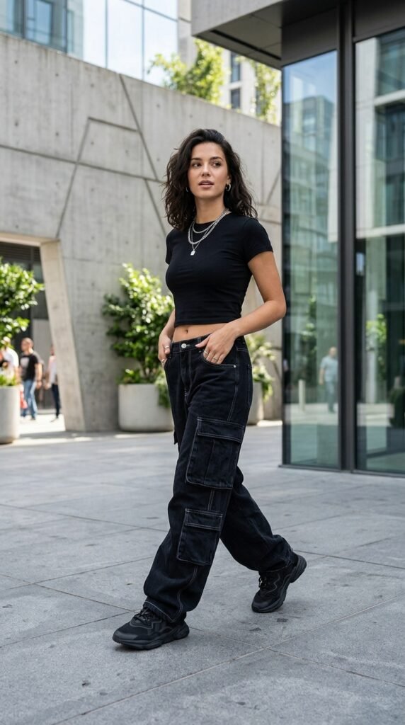 Woman_wearing_cargo_jeans_ black out football games outfit