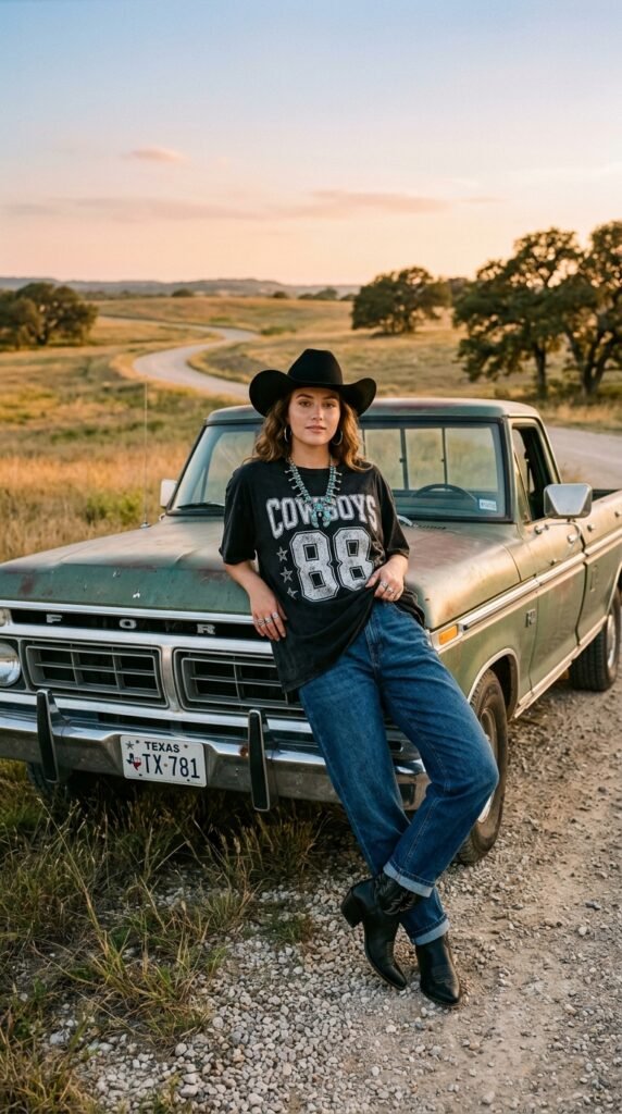 Woman_wearing_cowboy_hat_denim black out football games outfit