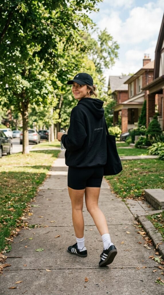 Woman_wearing_hoodie_and_shorts black out football games outfit