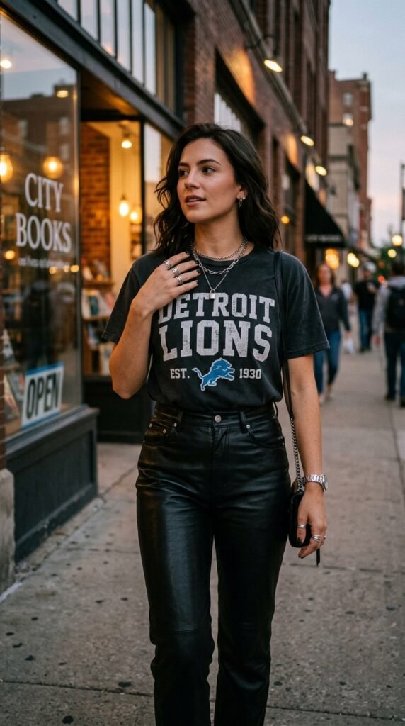 Woman_wearing_leather_pants_ black out football games outfit