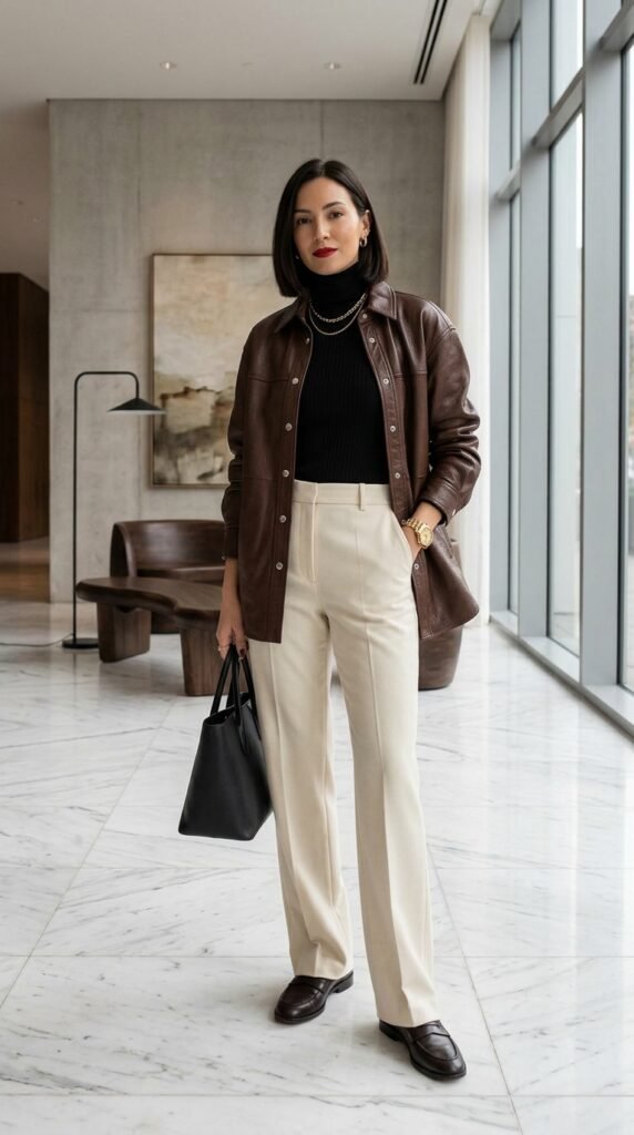 leather shacket and trousers Woman_wearing_leather_shacket_