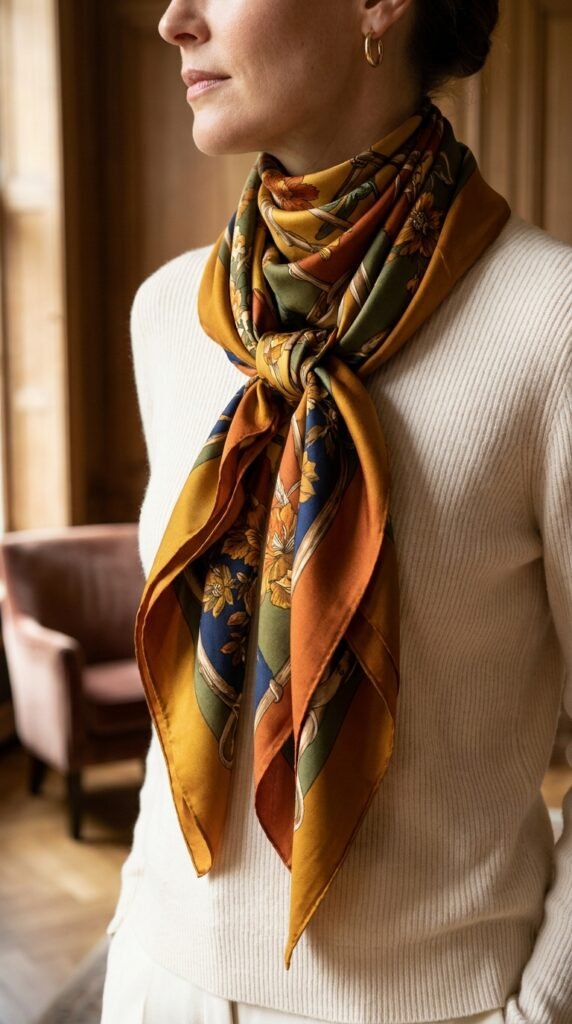 Woman_wearing_luxurious_silk_scarf_ fall capsule wardrobe