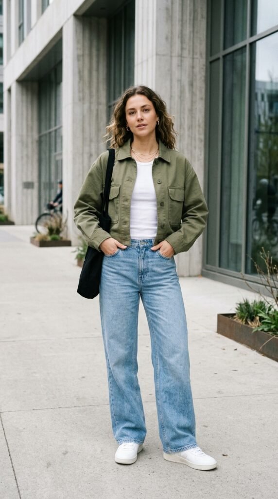 Woman_wearing_shacket_and_jeans cropped shacket wide leg jeans