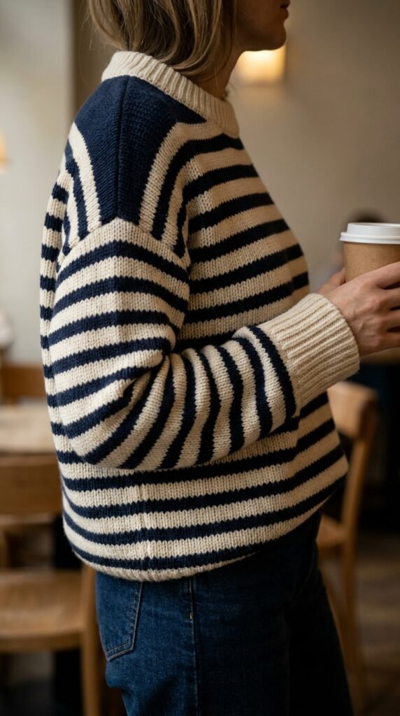 Woman_wearing_striped_knit_sweater fall capsule wardrobe