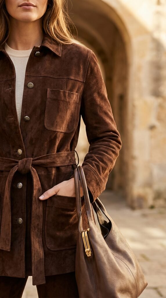 Woman_wearing_suede_jacket fall capsule wardrobe