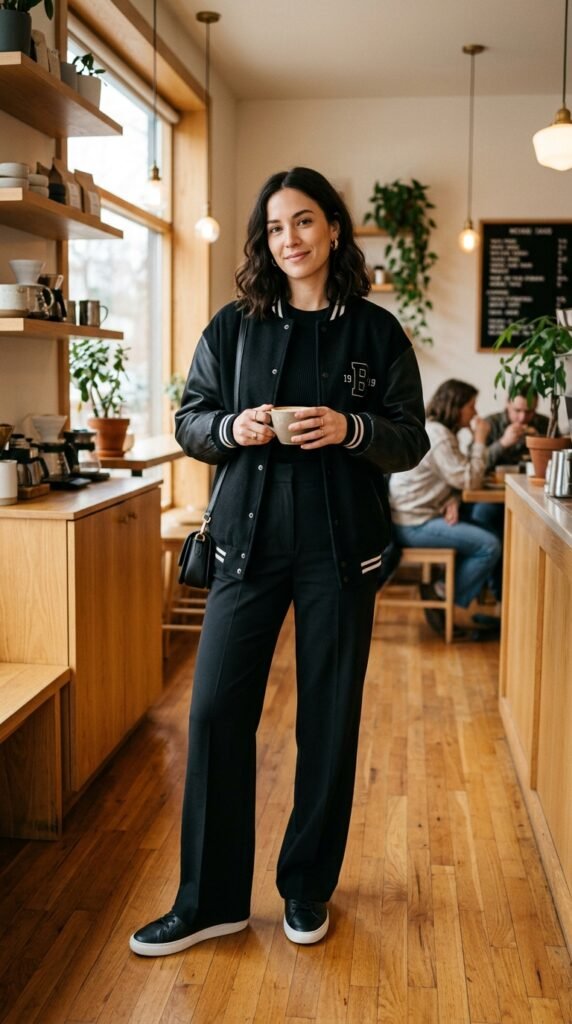 Woman_wearing_varsity_jacket_ black out football games outfit