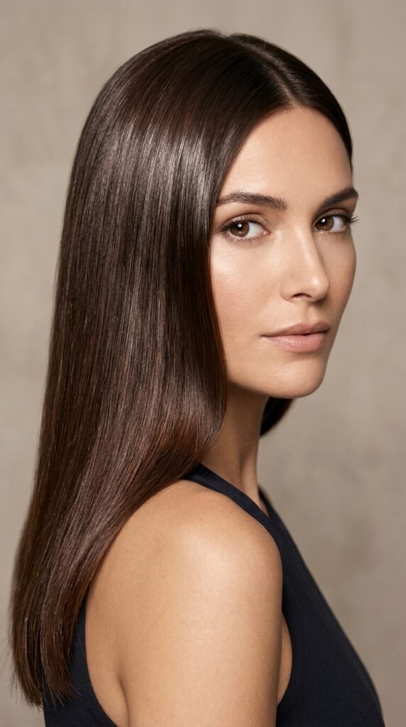 Woman_with_gloosy brown_hair_ dark chocolate brown hair ideas