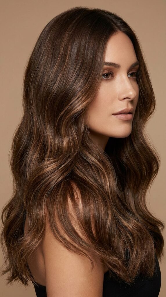 Woman_with_mocha_brown_hair_ mocha hair with caramel ribbon