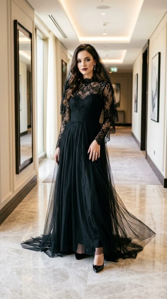 Woman_posing_in_gothic black_dress_ halloween outfit 2026