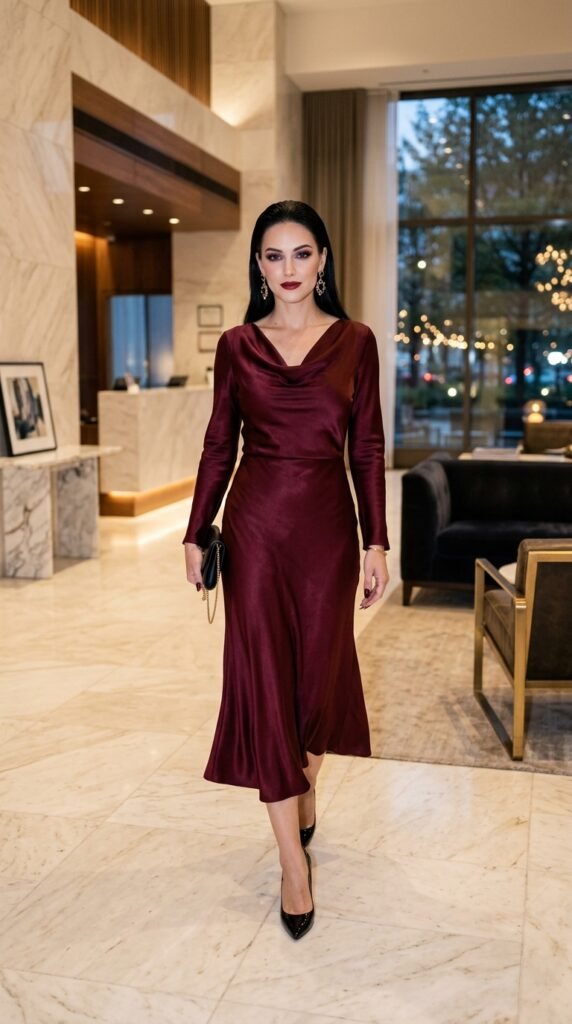 modern vampire in burgundy dress halloween outfit 2026