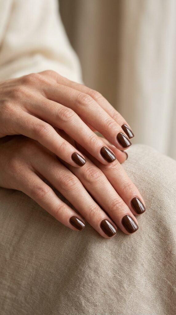 Woman_wearing_glossy_brown_nails october nail designs 2026